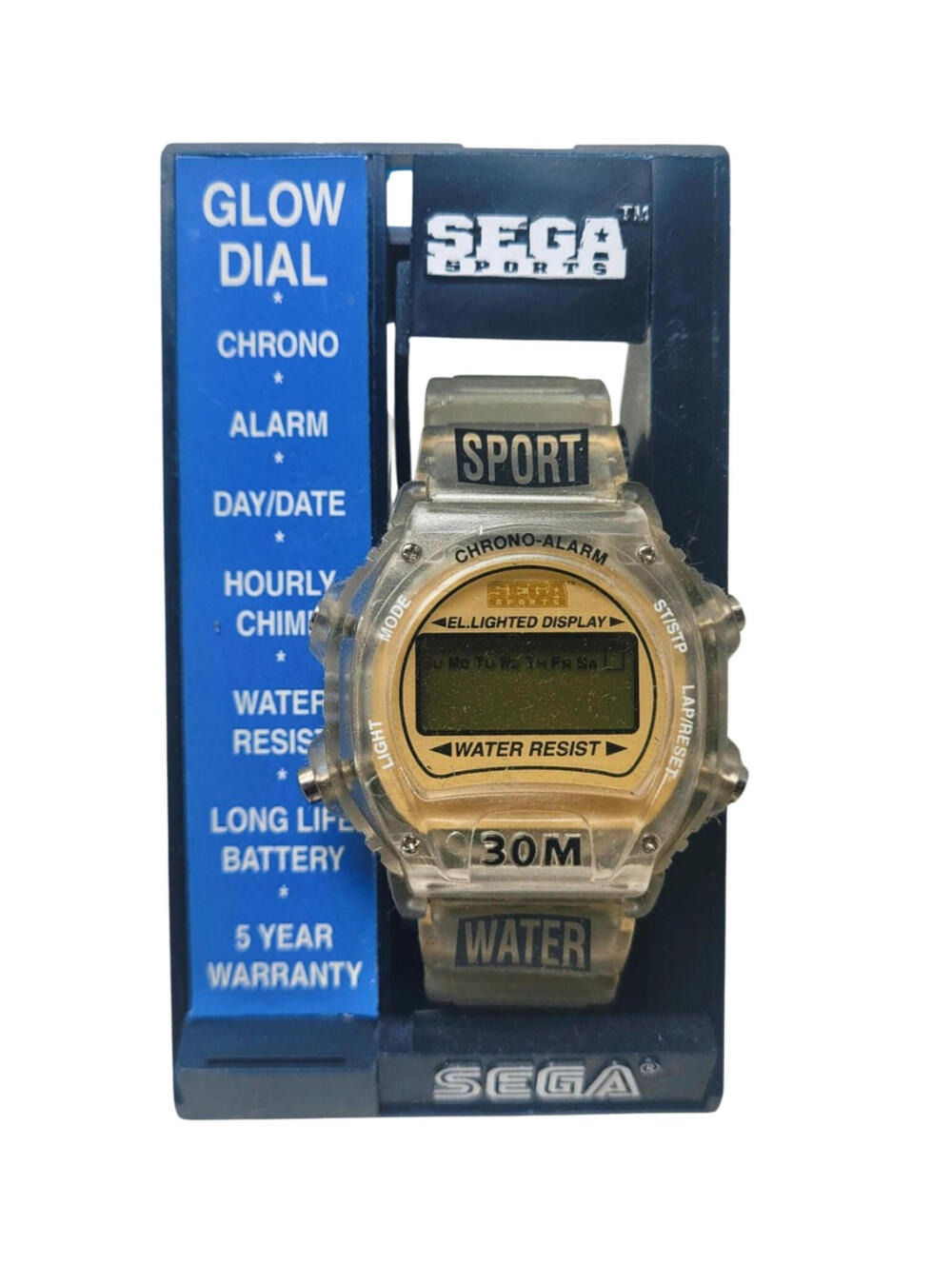 VINTAGE SEGA SPORTS GLOW DIAL WRIST WATCH NOS GENESIS 30M CLEAR Water Resistant